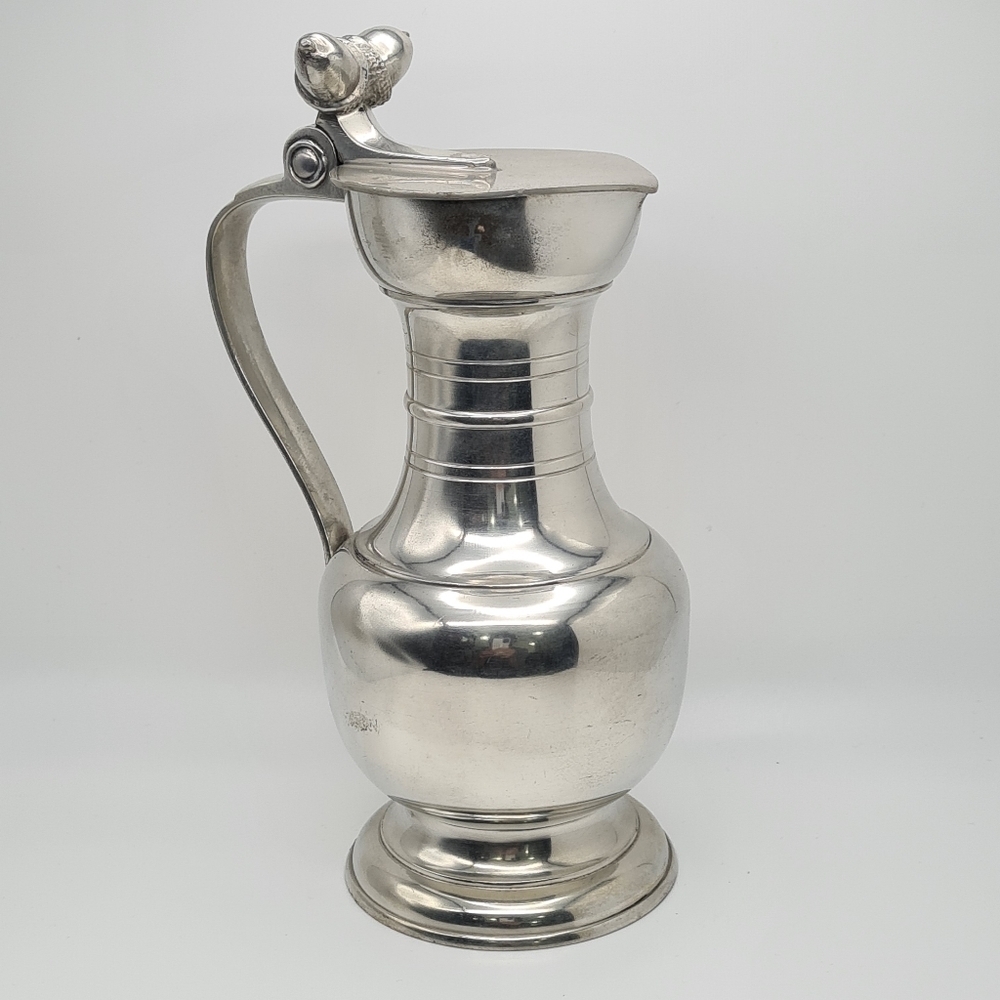 Vintage Etain Fin Geneve Pewter Pitcher w/Hinged Lid & Acorn Detail 7"